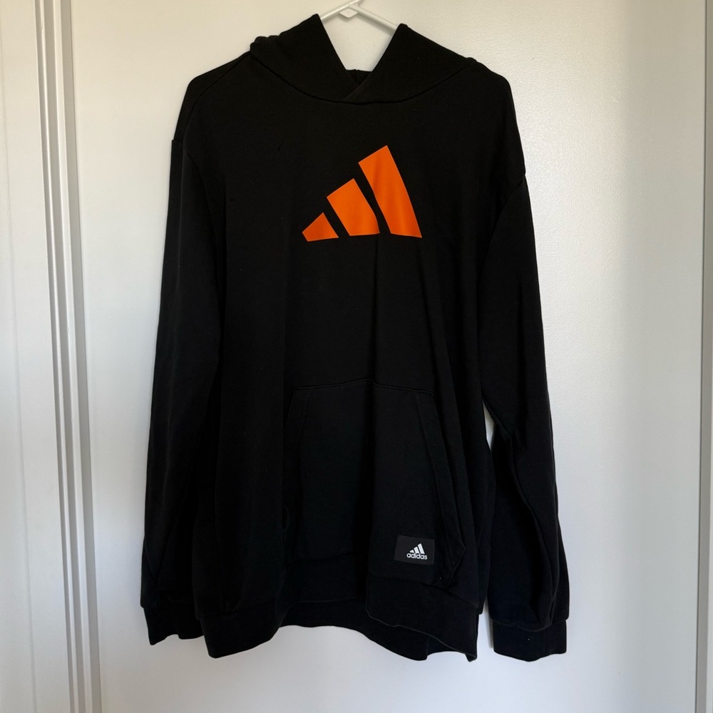 Adidas Men's Charcoal Hoodie with Vibrant Orange Logo